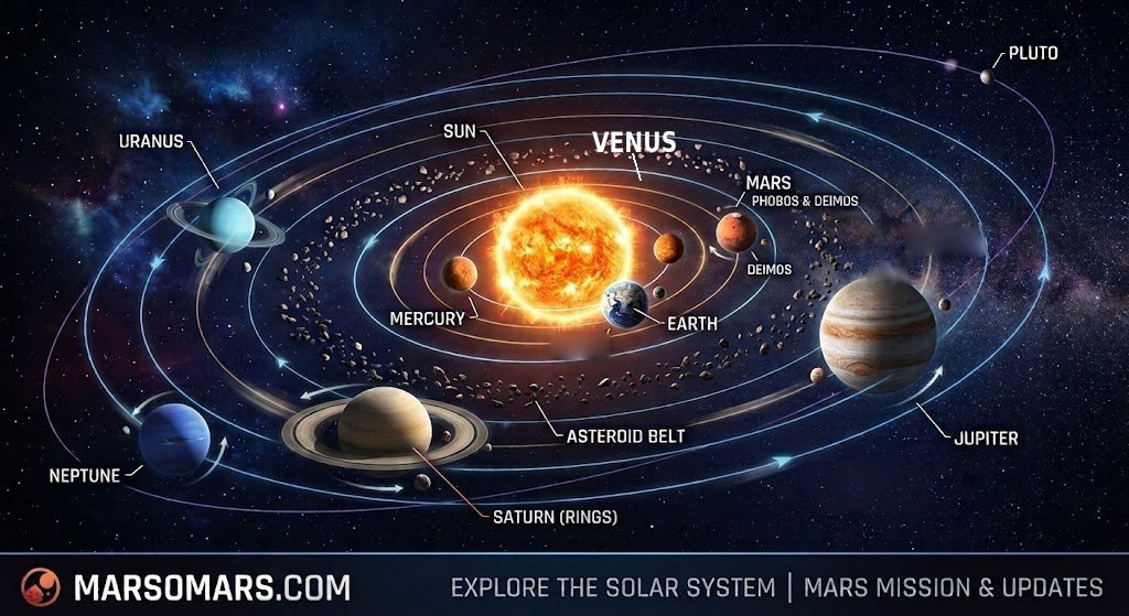 Labeled diagram of the solar system: the Sun at the center with the planets Mercury, Venus, Earth, Mars, Jupiter, Saturn, Uranus and Neptune in order, plus Pluto